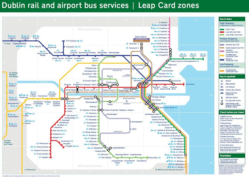 Dublin rail and airport bus route map with Leap Card zones, showing train and tram lines, key stops, and services.
