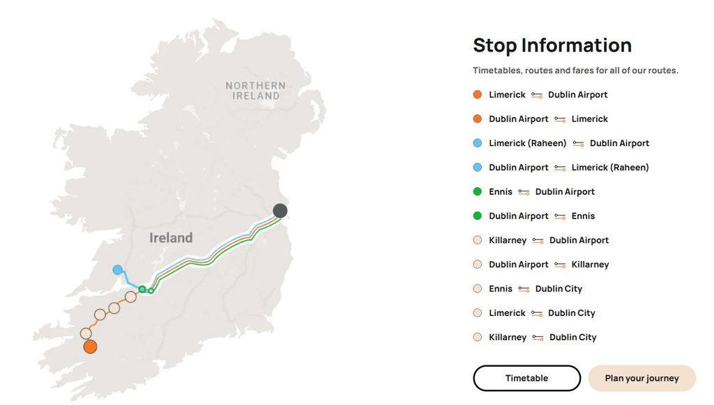 Map of Ireland showing bus routes between Limerick, Dublin Airport, Ennis, Killarney, and Dublin City.